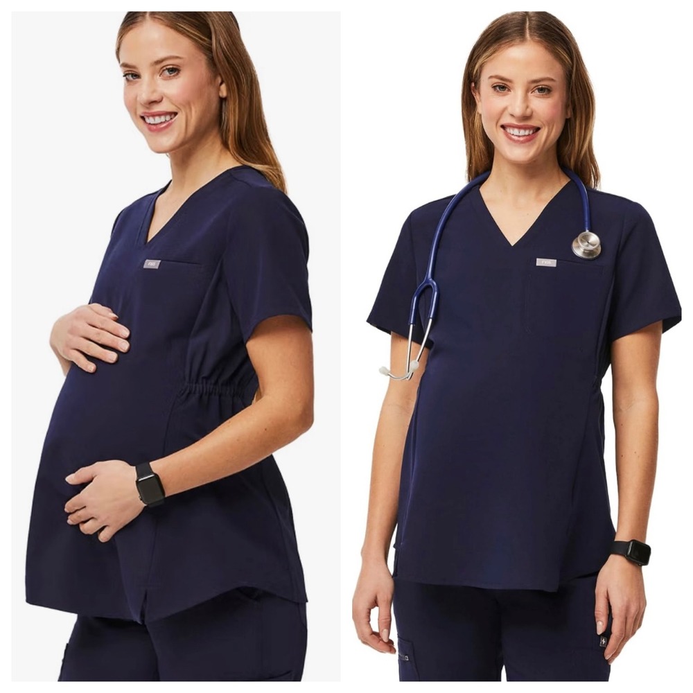 FIGS Octavia Maternity Scrub Top Large V-Neck Elastic Waist Navy Blue Nurse Tech